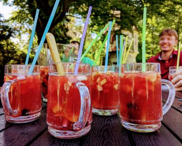 einige Gläser mit roter Limonade auf einem Holztisch; darin sind Früchte und Stohhalme