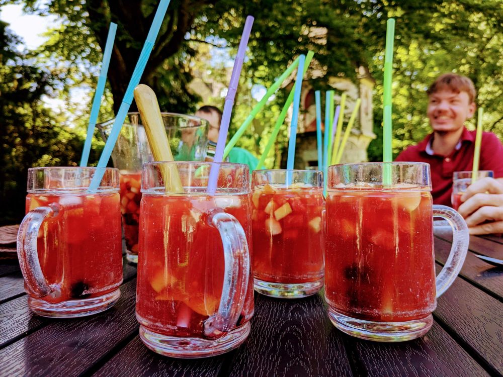 einige Gläser mit roter Limonade auf einem Holztisch; darin sind Früchte und Stohhalme